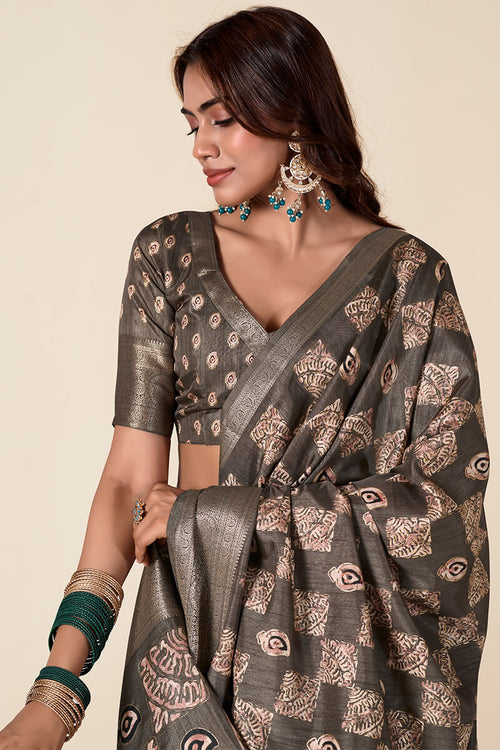 Load image into Gallery viewer, Traditional Brown Foil Printed Dola Silk Saree With Divine Blouse Piece
