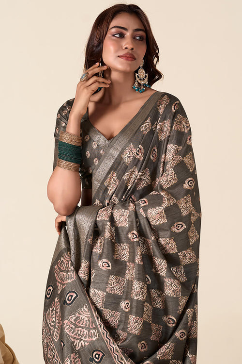 Load image into Gallery viewer, Traditional Brown Foil Printed Dola Silk Saree With Divine Blouse Piece
