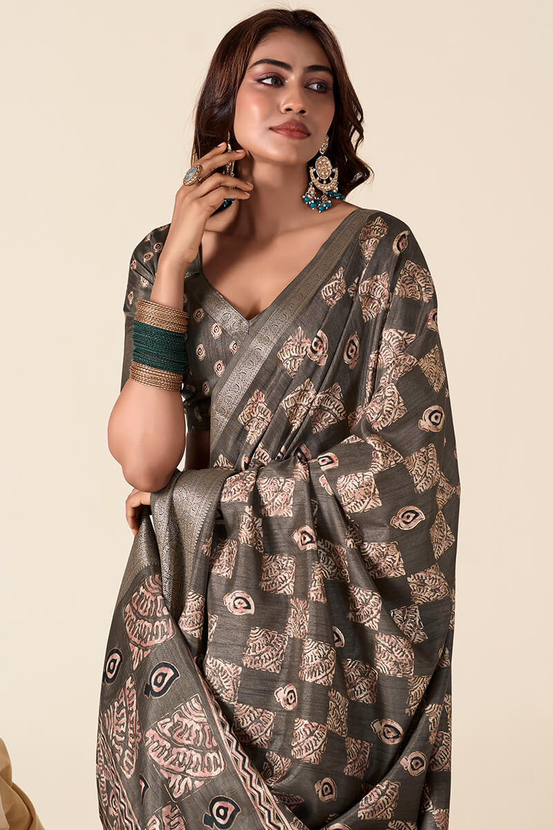 Traditional Brown Foil Printed Dola Silk Saree With Divine Blouse Piece