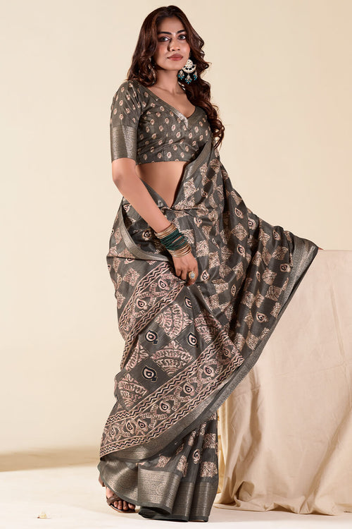 Load image into Gallery viewer, Traditional Brown Foil Printed Dola Silk Saree With Divine Blouse Piece
