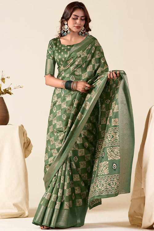 Load image into Gallery viewer, Desultory Green Foil Printed Dola Silk Saree With Evanescent Blouse Piece
