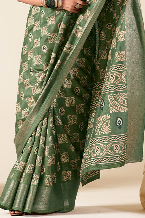 Load image into Gallery viewer, Desultory Green Foil Printed Dola Silk Saree With Evanescent Blouse Piece
