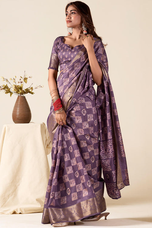 Load image into Gallery viewer, Lissome Purple Foil Printed Dola Silk Saree With Redolent Blouse Piece
