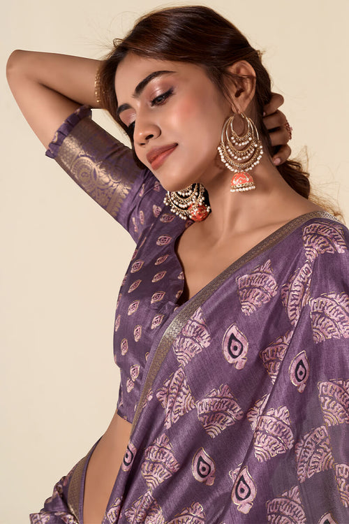 Load image into Gallery viewer, Lissome Purple Foil Printed Dola Silk Saree With Redolent Blouse Piece
