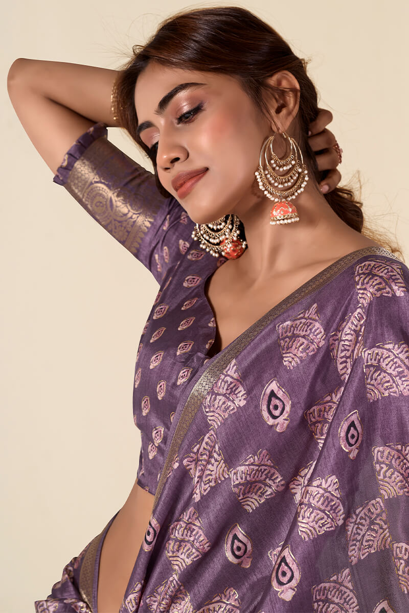 Lissome Purple Foil Printed Dola Silk Saree With Redolent Blouse Piece