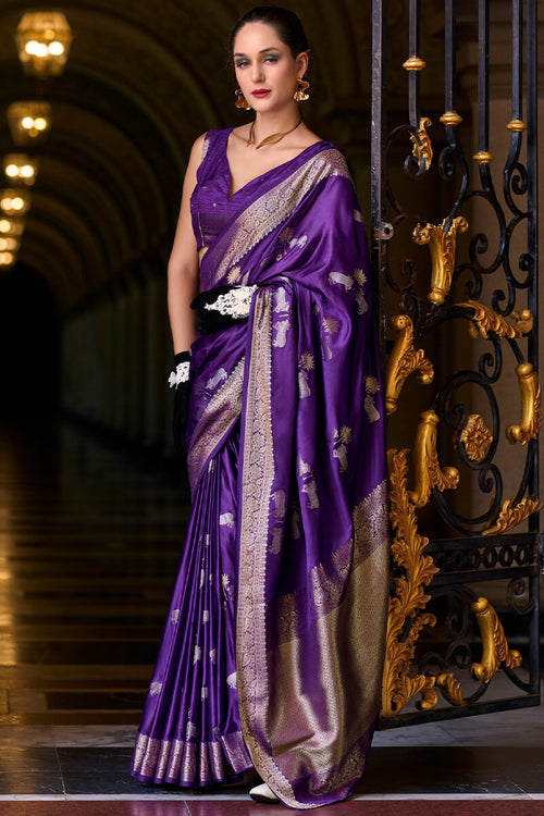 Load image into Gallery viewer, Stunning Royal Purple Banarasi Satin Silk Saree With Energetic Blouse
