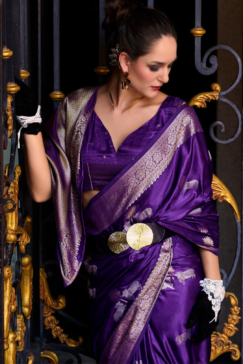 Stunning Royal Purple Banarasi Satin Silk Saree With Energetic Blouse