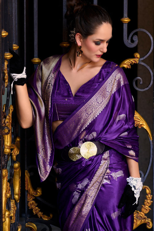 Load image into Gallery viewer, Stunning Royal Purple Banarasi Satin Silk Saree With Energetic Blouse
