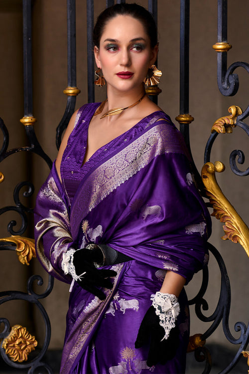 Load image into Gallery viewer, Stunning Royal Purple Banarasi Satin Silk Saree With Energetic Blouse
