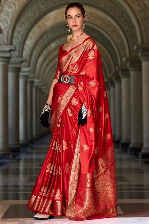 Load image into Gallery viewer, Sensational Red Banarasi Satin Silk Saree With Wonderful Blouse
