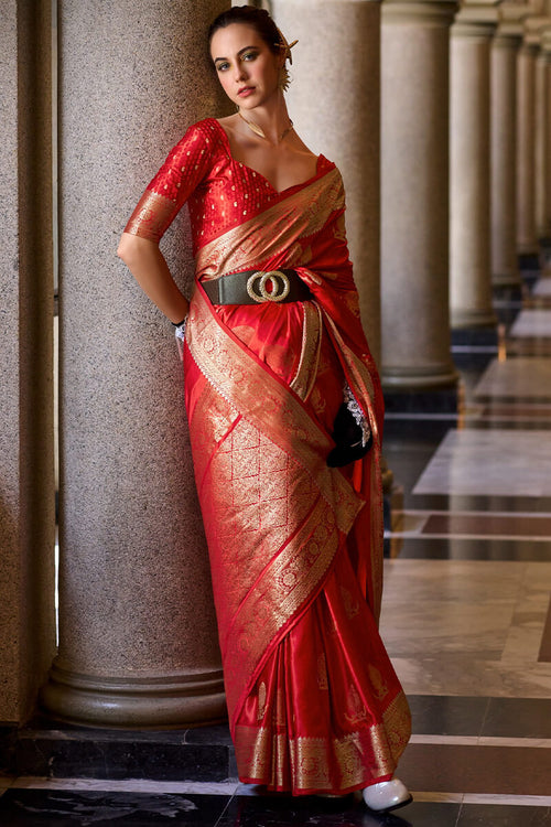 Load image into Gallery viewer, Sensational Red Banarasi Satin Silk Saree With Wonderful Blouse
