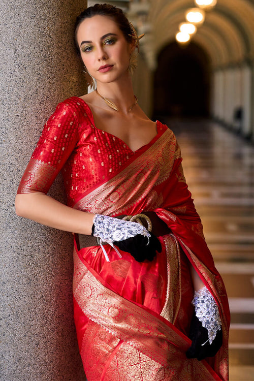 Load image into Gallery viewer, Sensational Red Banarasi Satin Silk Saree With Wonderful Blouse
