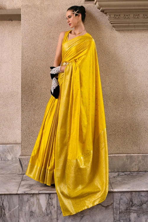 Load image into Gallery viewer, Adorning Yellow Banarasi Satin Silk Saree With Demanding Blouse
