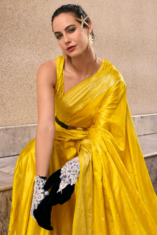 Load image into Gallery viewer, Adorning Yellow Banarasi Satin Silk Saree With Demanding Blouse
