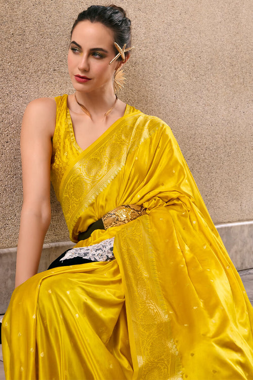 Load image into Gallery viewer, Adorning Yellow Banarasi Satin Silk Saree With Demanding Blouse
