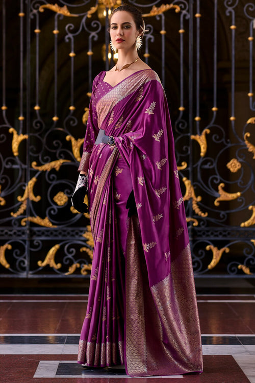 Load image into Gallery viewer, Blooming Purple Banarasi Satin Silk Saree With Engrossing Blouse
