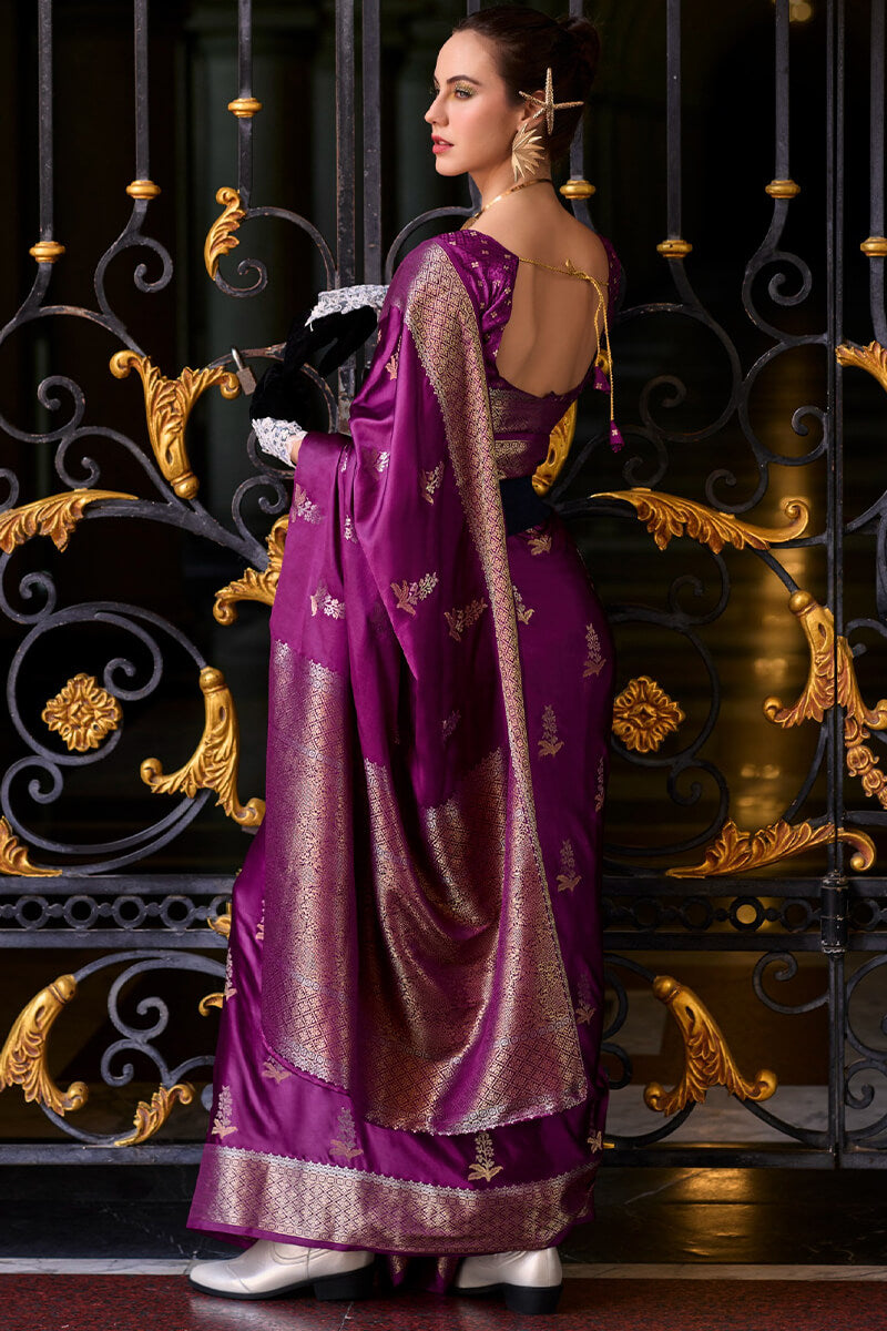 Blooming Purple Banarasi Satin Silk Saree With Engrossing Blouse