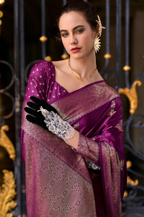 Load image into Gallery viewer, Blooming Purple Banarasi Satin Silk Saree With Engrossing Blouse
