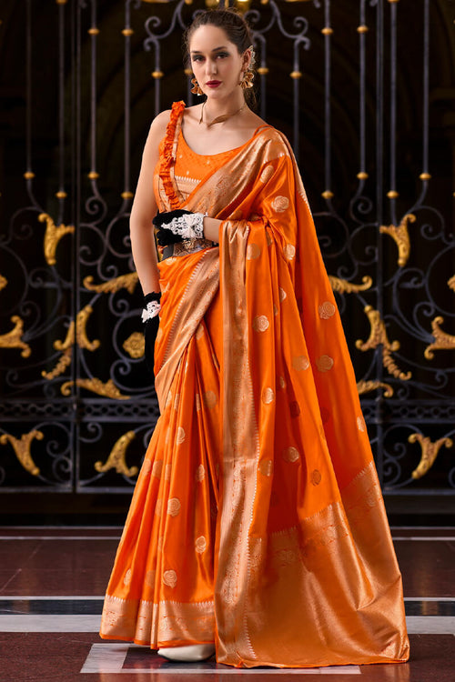 Load image into Gallery viewer, Captivating Orange Banarasi Satin Silk Saree With Desirable Blouse
