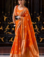 Captivating Orange Banarasi Satin Silk Saree With Desirable Blouse