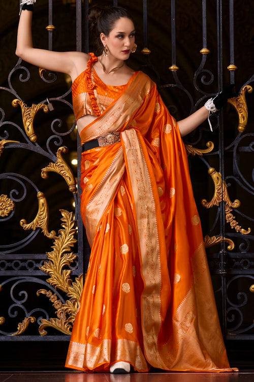 Load image into Gallery viewer, Captivating Orange Banarasi Satin Silk Saree With Desirable Blouse
