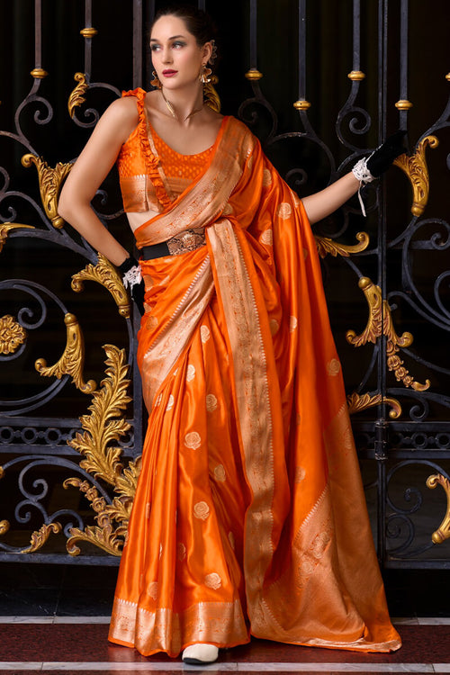 Load image into Gallery viewer, Captivating Orange Banarasi Satin Silk Saree With Desirable Blouse
