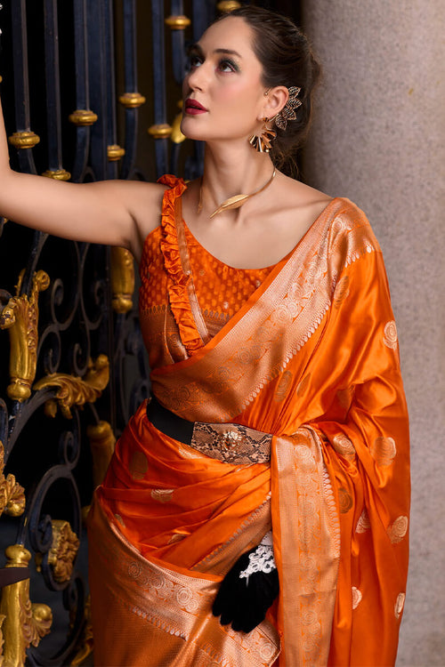 Load image into Gallery viewer, Captivating Orange Banarasi Satin Silk Saree With Desirable Blouse
