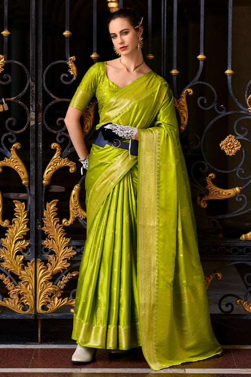 Load image into Gallery viewer, Comely Green Banarasi Satin Silk Saree With Enticing Blouse
