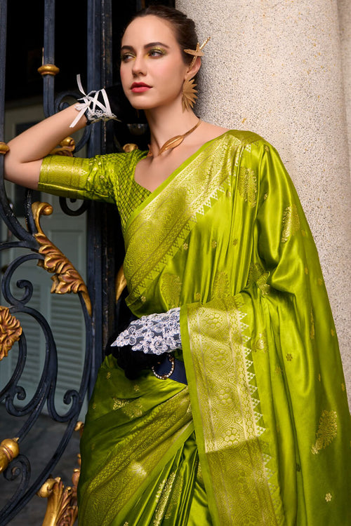 Load image into Gallery viewer, Comely Green Banarasi Satin Silk Saree With Enticing Blouse
