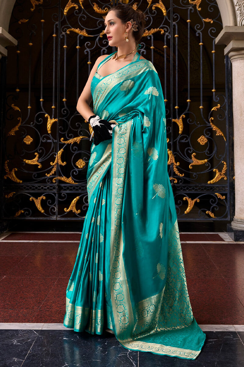 Demesne Firozi Banarasi Satin Silk Saree With Murmurous Blouse