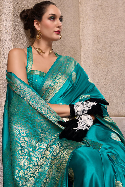 Load image into Gallery viewer, Demesne Firozi Banarasi Satin Silk Saree With Murmurous Blouse
