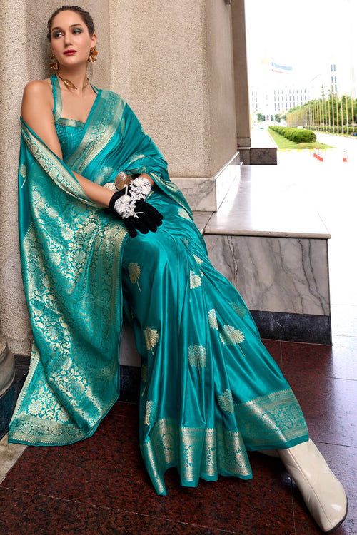 Load image into Gallery viewer, Demesne Firozi Banarasi Satin Silk Saree With Murmurous Blouse
