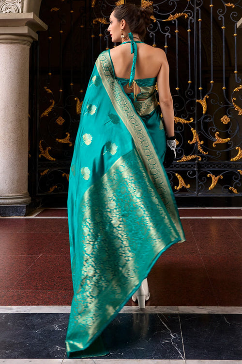 Load image into Gallery viewer, Demesne Firozi Banarasi Satin Silk Saree With Murmurous Blouse
