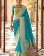 Prominent Firozi Soft Banarasi Silk Saree With Mesmeric Blouse Piece