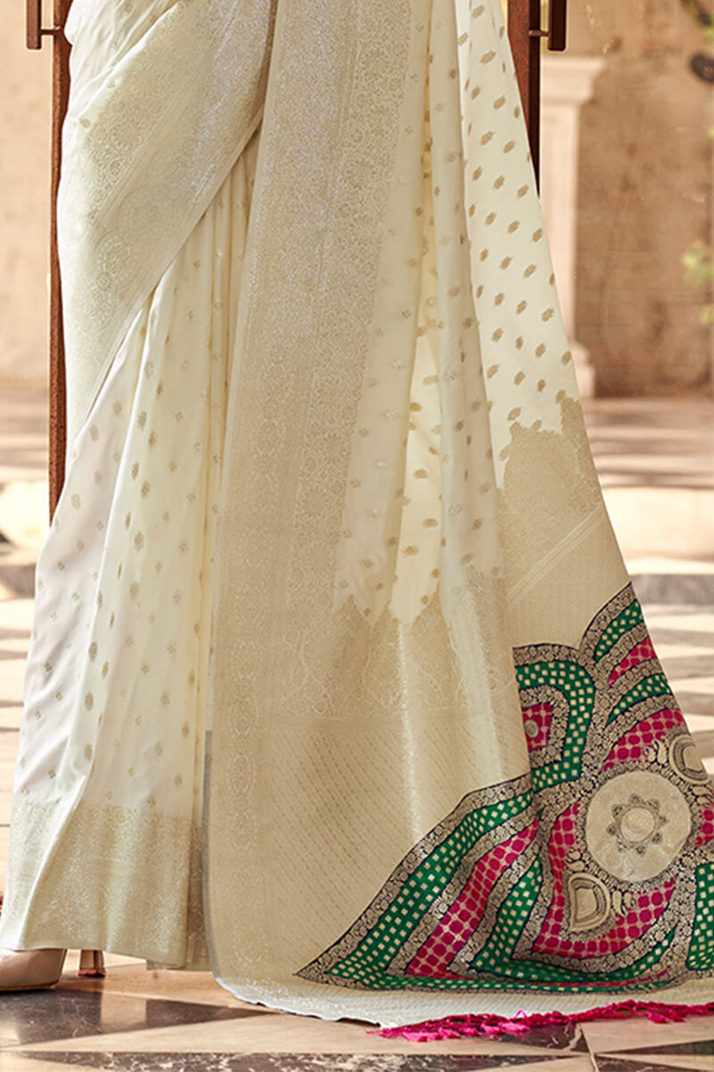 Gossamer Beige Soft Banarasi Silk Saree With Sempiternal Blouse Piece