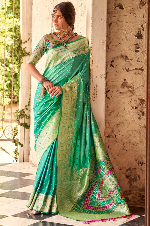 Load image into Gallery viewer, Assemblage Sea Green Soft Banarasi Silk Saree With Dissemble Blouse Piece
