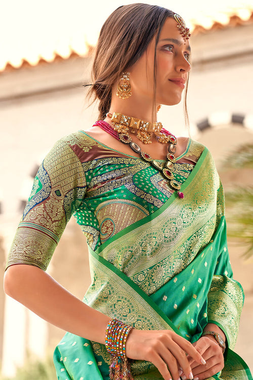 Load image into Gallery viewer, Assemblage Sea Green Soft Banarasi Silk Saree With Dissemble Blouse Piece
