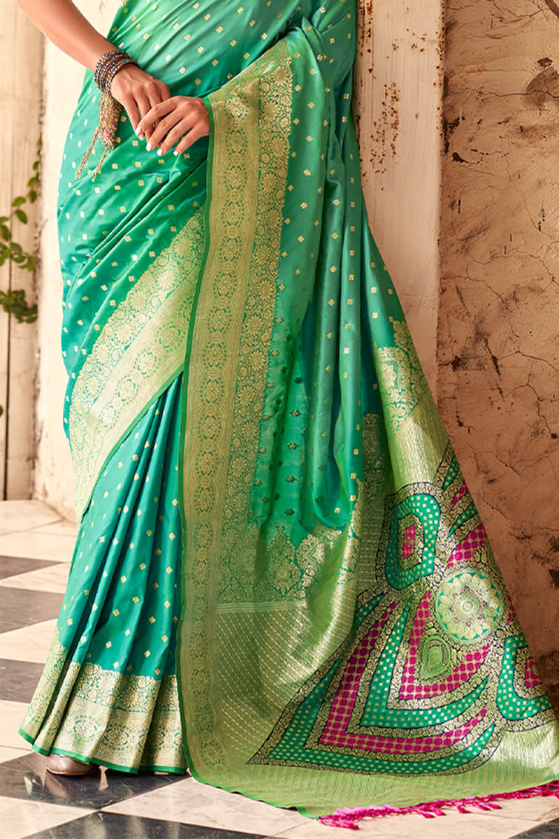 Assemblage Sea Green Soft Banarasi Silk Saree With Dissemble Blouse Piece