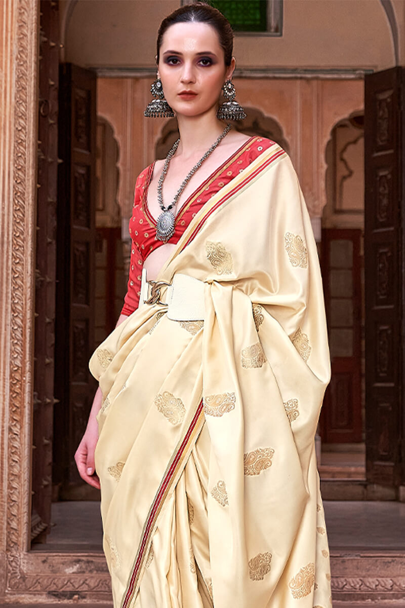 Lagniappe Beige Soft Banarasi Silk Saree With Lissome Blouse Piece