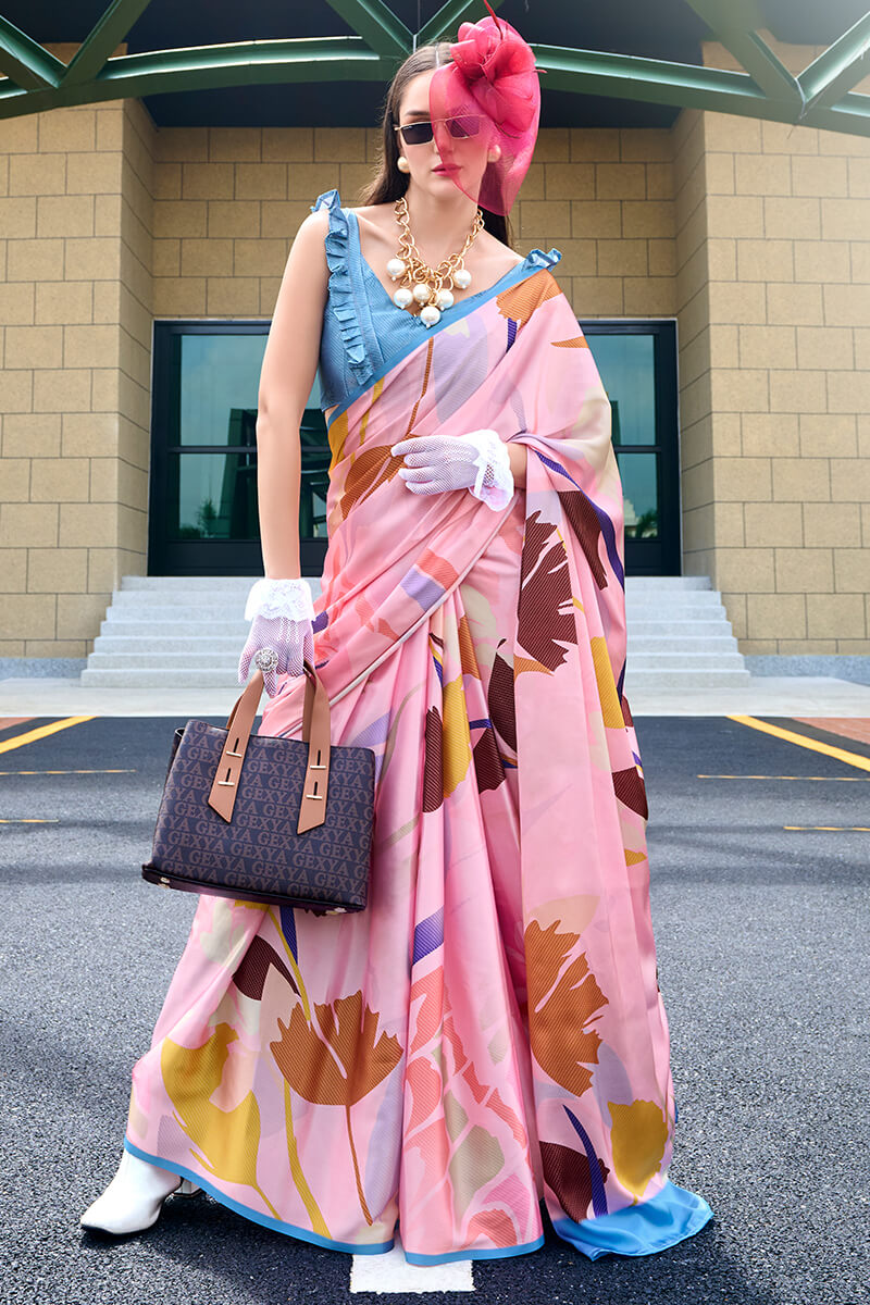 Classy Pink Digital Printed Satin Silk Saree With Skinny Blouse Piece