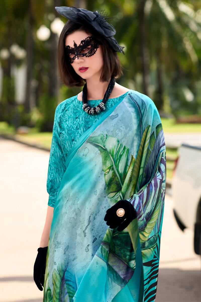 Jazzy Firozi Digital Printed Satin Silk Saree With Hypnotic Blouse Piece