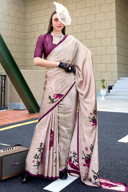 Flamboyant Beige Digital Printed Satin Silk Saree With Inspiring Blouse Piece