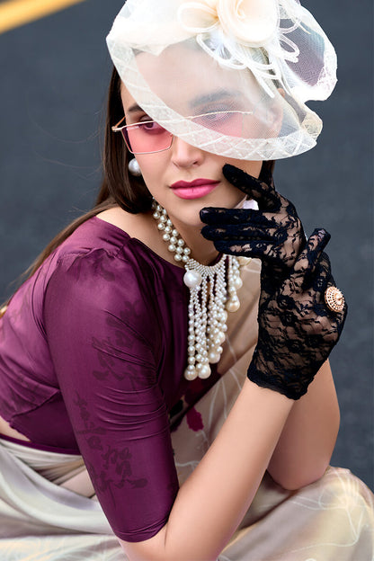 Flamboyant Beige Digital Printed Satin Silk Saree With Inspiring Blouse Piece