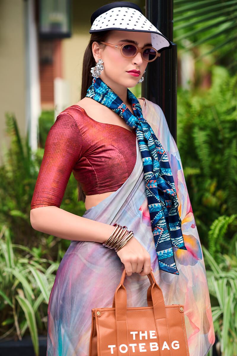 Beauteous Grey Digital Printed Satin Silk Saree With Demesne Blouse Piece