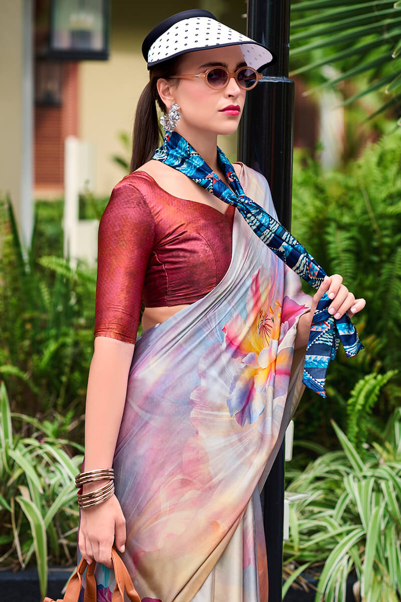 Beauteous Grey Digital Printed Satin Silk Saree With Demesne Blouse Piece