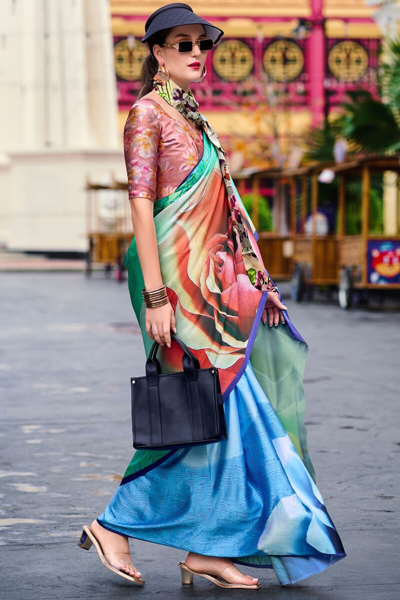 Scrumptious Sea Green Digital Printed Satin Silk Saree With Transcendent Blouse Piece