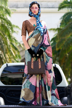 Gleaming Multicolor Digital Printed Satin Silk Saree With Phenomenal Blouse Piece