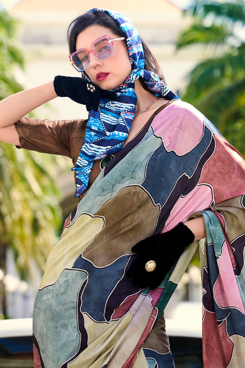 Gleaming Multicolor Digital Printed Satin Silk Saree With Phenomenal Blouse Piece