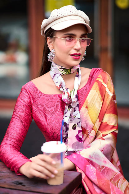 Blooming Dark Pink Digital Printed Satin Silk Saree With Hypnotic Blouse Piece