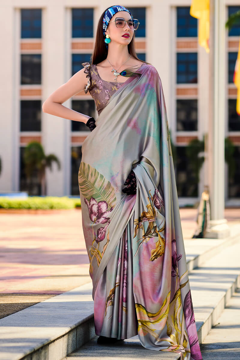 Flamboyant Grey Digital Printed Satin Silk Saree With Twirling Blouse Piece